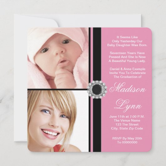 Invitation Diplôme photo rose hier et aujourd'hui (Devant)