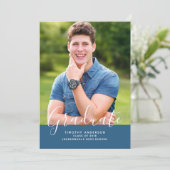 Invitation Diplôme photo simple et élégant vertical | Bleu (Debout devant)