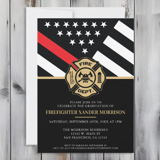 Invitation Diplômé Pompiers Drapeau Ligne Rouge Pompiers