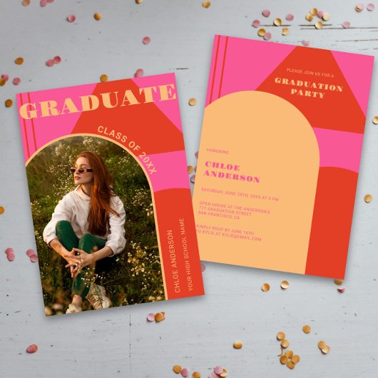 Invitation Diplôme Retro Arch Rose & Orange Photo