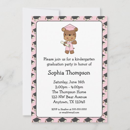 Invitation Diplôme rose Bear Girl (Devant)