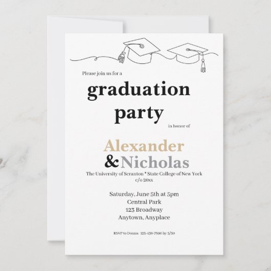 Invitation Diplôme Simple avec Deux Caps et Pompons (Devant)