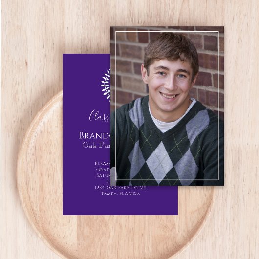 Invitation Diplômé Simple Élégant Purple Laurel Feuilles