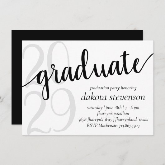 Invitation Diplôme simple | Noir et blanc minimaliste (Devant / Derrière)