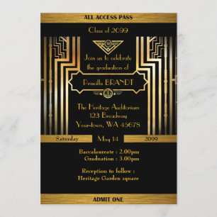 Invitation Diplôme, style Gatsby, billet, or noir
