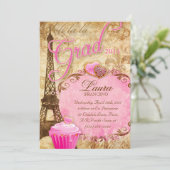 Invitation Diplôme Tour Eiffel Paris Fleur Vintage Rose (Debout devant)