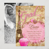 Invitation Diplôme Tour Eiffel Paris Fleur Vintage Rose (Devant / Derrière)