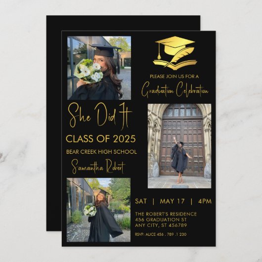 Invitation Diplômé trois photo moderne graduation (Devant / Derrière)