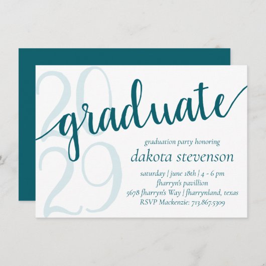 Invitation Diplôme Turquoise simple | Jade foncé Vert Script  (Devant / Derrière)
