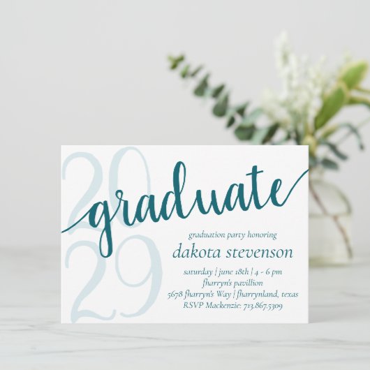 Invitation Diplôme Turquoise simple | Jade foncé Vert Script  (Debout devant)