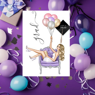 Invitation Diplômée Fille au Ballon Blonde Noir et Violet