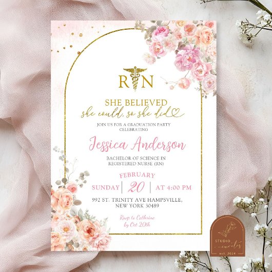 Invitation Diplômée Fleurie Rose Blush Infirmière