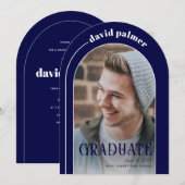 Invitation DIPLÔMÉE moderne arche bleu graduation photo (Devant / Derrière)