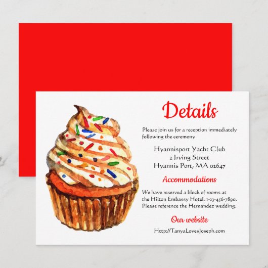 Invitation Direction de mariage rouge et blanc, détails gâtea (Devant / Derrière)