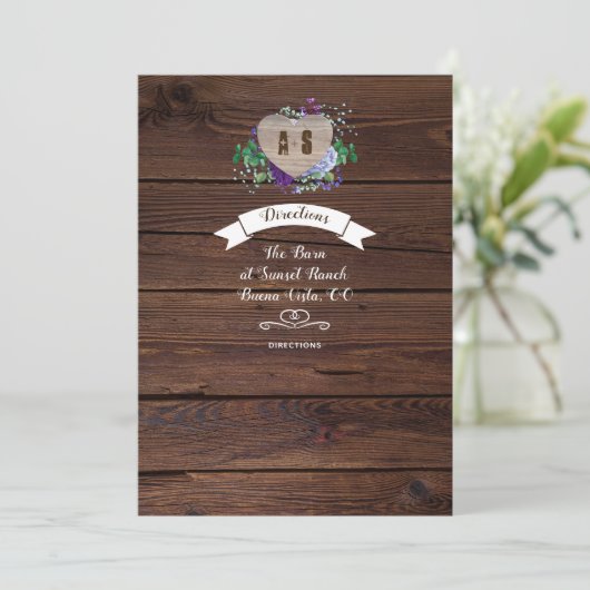 Invitation Directions de mariage à cœur rustique Fleurs aquar (Debout devant)