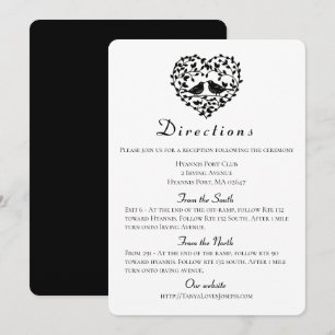 Invitation Directions de mariage tourtereaux cœur floral noir