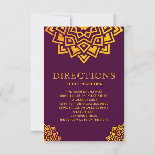 Invitation Directions indiennes Mandala Or Prune Moderne (Devant)