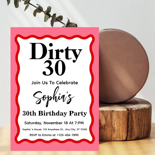 Invitation Dirty 30 Courbe rose et rouge Squiggle 30e anniver