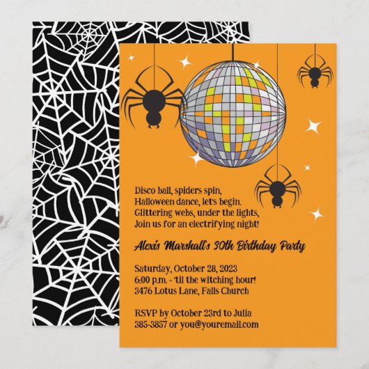 Invitation Disco Araignées Halloween Orange Retro Costume Par (Devant / Derrière)