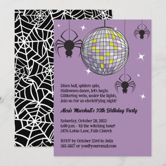 Invitation Disco Araignées Halloween Purple Retro Costume Par (Devant / Derrière)