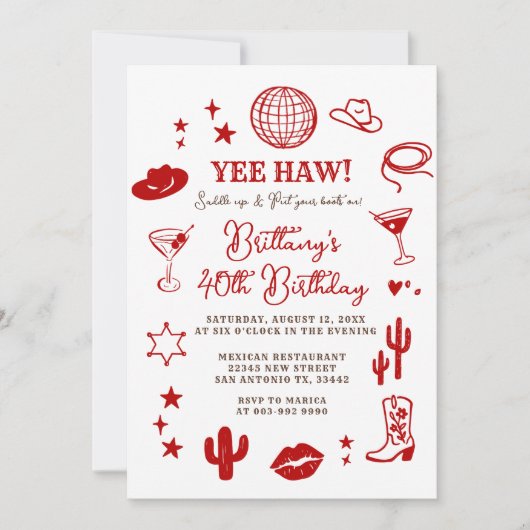 Invitation Disco Ball 21st Western Birthday Red Cowgirl  (Devant)