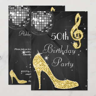 Invitation Disco Ball and Heels Black & Gold 50e anniversaire