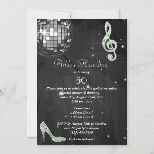 Invitation Disco Ball and Heels Black & Mint 50e anniversaire (Dos)