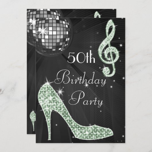 Invitation Disco Ball and Heels Black & Mint 50e anniversaire (Devant / Derrière)