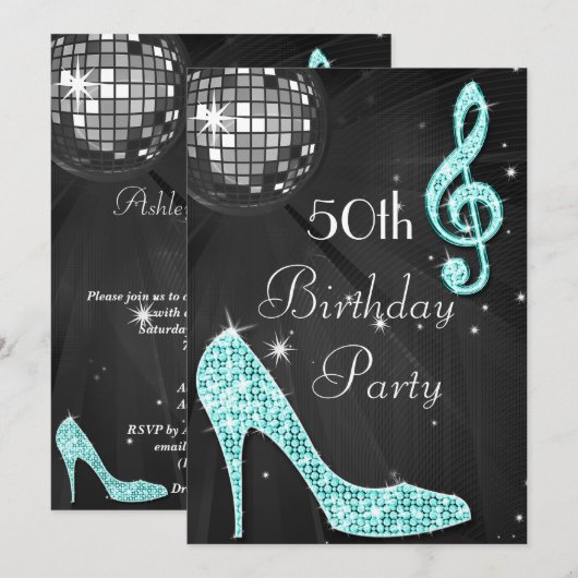 Invitation Disco Ball and Heels Black & Turquoise 50e anniver (Devant / Derrière)