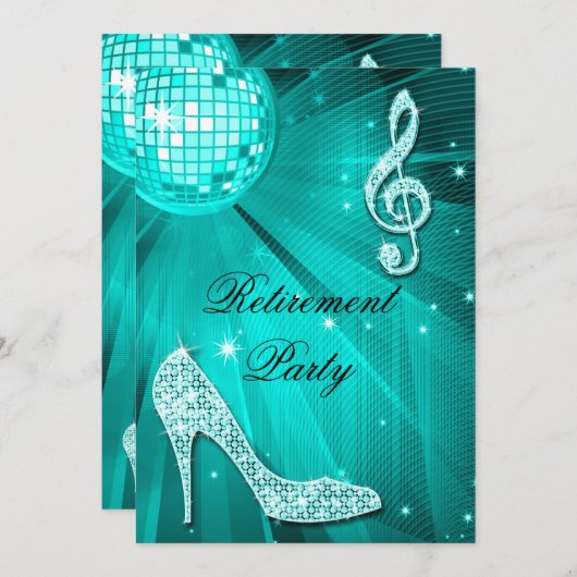 Invitation Disco Ball and Sparkle Heels Retraite Turquoise (Devant / Derrière)
