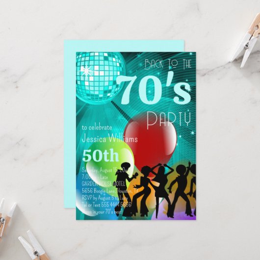 Invitation Disco Ball & Balloons Retro 70's Anniversaire Turq (Devant/Arrière en situation)