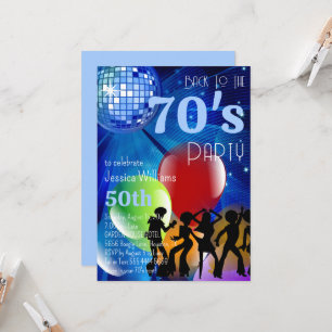 Invitation Disco Ball & Balloons Retro 70's Blue Anniversaire