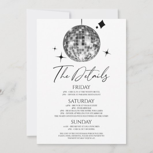 Invitation Disco Ball Dernier Disco Bachelorette Week-end (Dos)