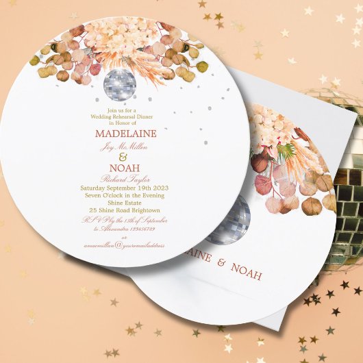Invitation Disco Ball Floral Élégant Orange Mariage Répétitio