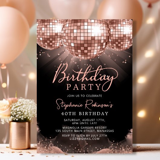 Invitation Disco Ball Moderne Rose Gold 40e fête d'anniversai