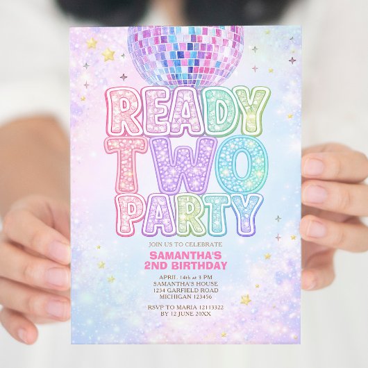 Invitation Disco Ball Pastel Rainbow Toddler Birthday Party 
