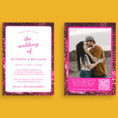 Invitation Disco Ball Retro QR Code Photo Mariage rose chaud