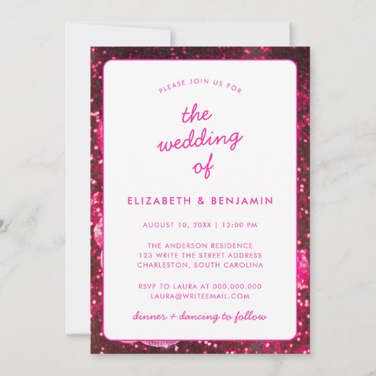 Invitation Disco Ball Retro QR Code Photo Mariage rose chaud (Devant)