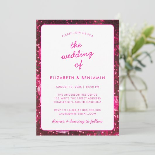 Invitation Disco Ball Retro QR Code Photo Mariage rose chaud (Debout devant)