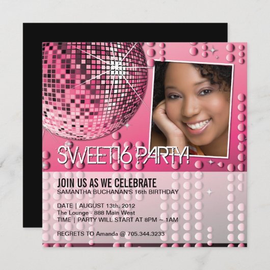 Invitation disco boule pour un seize ans glamour (Devant / Derrière)