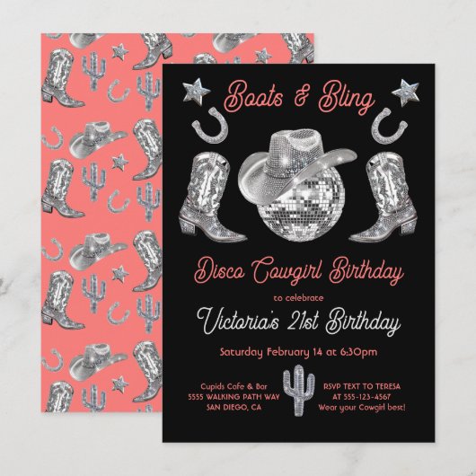 Invitation Disco Cowgirl Boots & Bling Rhinestone Anniversair (Devant / Derrière)