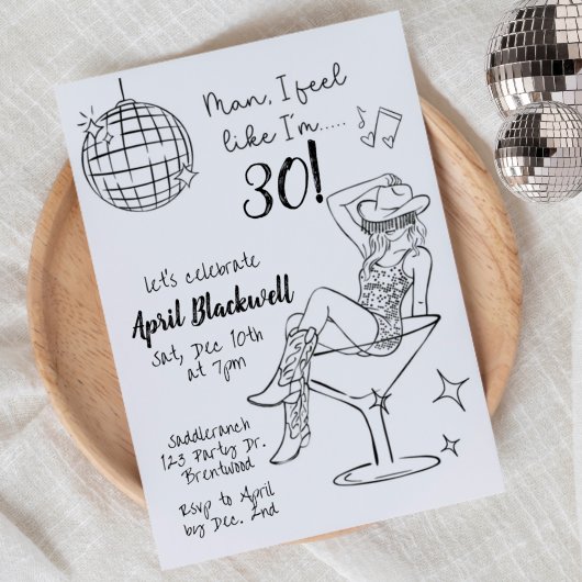 Invitation Disco, Cowgirl, Martini, Disco ball Birthday 
