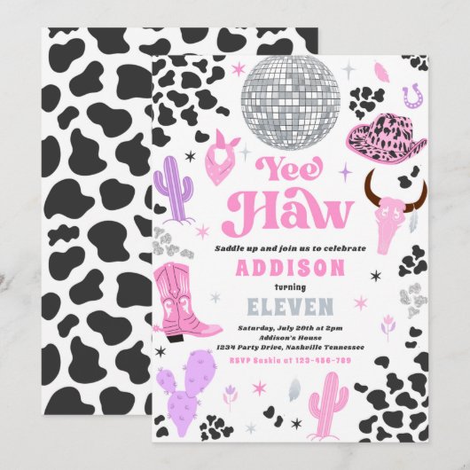 Invitation Disco Cowgirl Nashville Rodeo rose fête d'annivers (Devant / Derrière)