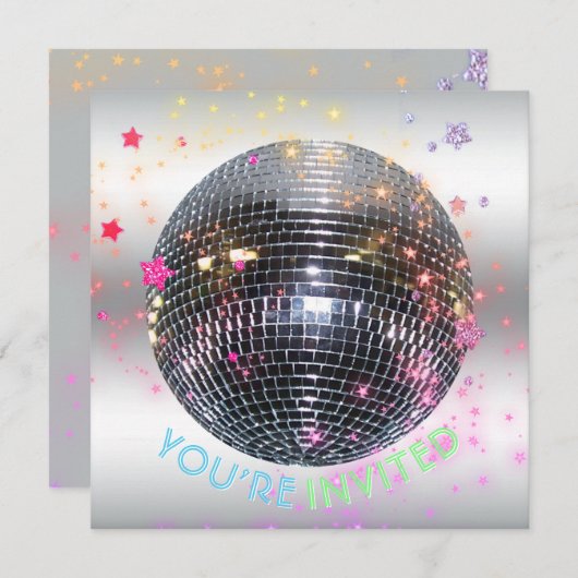 Invitation Disco Dance Anniversaire Retro 70's Disco Ball Par (Devant / Derrière)