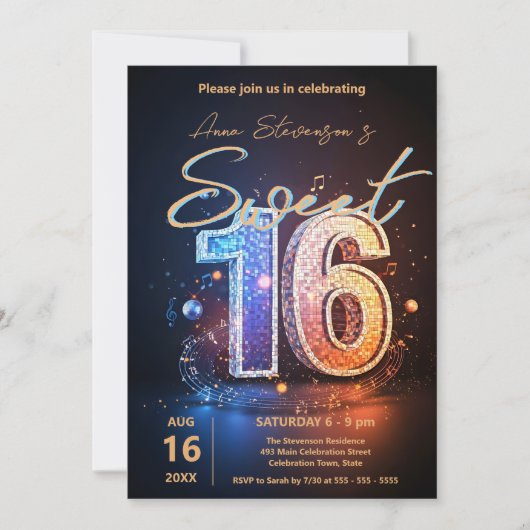 Invitation Disco Disco Sweet 16 Anniversaire Fête (Devant)