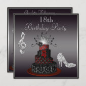 Invitation Disco Diva Gâteau, talons d'argent 18e anniversair (Devant / Derrière)