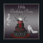 Invitation Disco Diva Gâteau, talons d'argent 18e anniversair<br><div class="desc">Glamour noir, argent et rouge dix-huitième / 18e anniversaire invitations de fête pour adolescentes avec strass argent imprimé bijoux talons hauts talons talons talons talons de chaussures avec étincelles, un magnifique gâteau de diva girly rouge et noir orné avec boule de miroir disco argent funky, fleurs, diamants bling et cravate...</div>