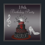 Invitation Disco Diva Gâteau, talons d'argent 18e anniversair<br><div class="desc">Glamour noir, argent et rouge dix-huitième / 18e anniversaire invitations de fête pour adolescentes avec strass argent imprimé bijoux talons hauts talons talons talons talons de chaussures avec étincelles, un magnifique gâteau de diva girly rouge et noir orné avec boule de miroir disco argent funky, fleurs, diamants bling et cravate...</div>