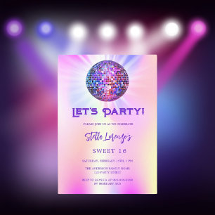 Invitation Disco fête rose holographique Sweet 16