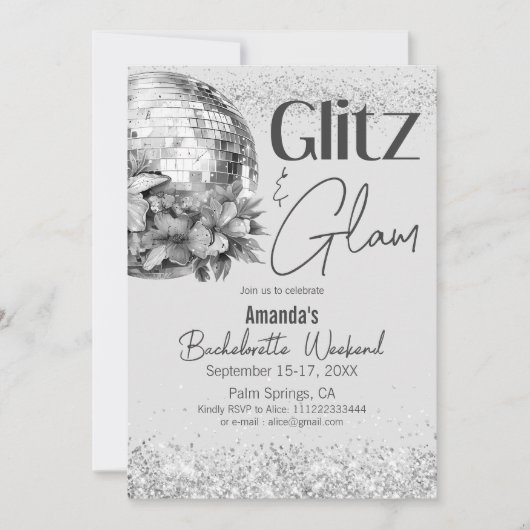 Invitation Disco Glitz et Glam Silver Bachelorette Party (Devant)